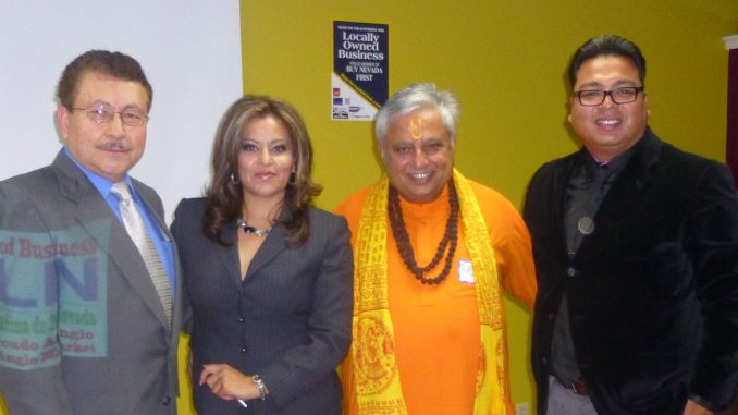 At the Ribbon Cutting ceremony of Nevada Latin Chamber of Business, from left to right, are: President of Nevada Latin Chamber of Business Andres Gonzalez, Univision Nevada newsreporter Laura Calzada, Hindu statesman Rajan Zed and Chamber Co-founder Carlos Garcia.